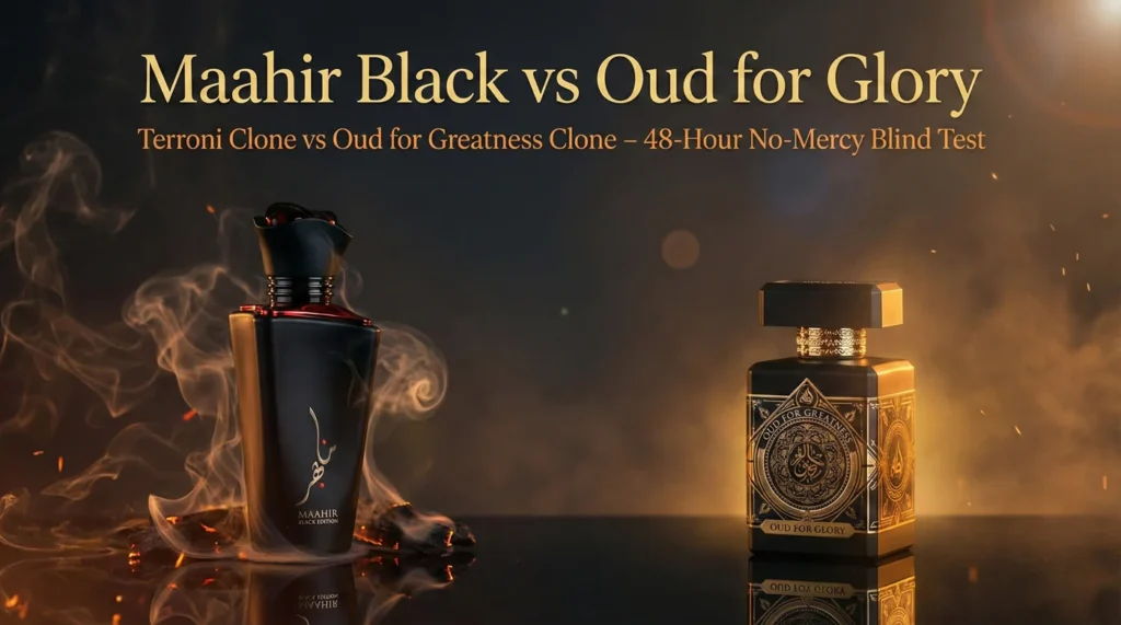 Lattafa Maahir Black Edition vs Oud for Glory – Terroni Clone vs Oud for Greatness Clone: Savage 48-Hour No-Mercy Blind Test (Arm vs Arm, No Shower!) 1 Lattafa Maahir Black Edition vs Oud for Glory bottles in dramatic amber-smoke lighting – savage blind test comparison