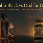 Lattafa Maahir Black Edition vs Oud for Glory bottles in dramatic amber-smoke lighting – savage blind test comparison