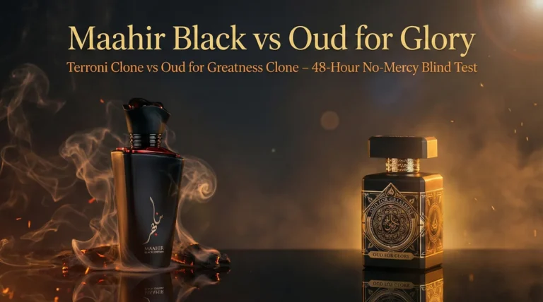 Lattafa Maahir Black Edition vs Oud for Glory – Terroni Clone vs Oud for Greatness Clone: Savage 48-Hour No-Mercy Blind Test (Arm vs Arm, No Shower!) 147 Lattafa Maahir Black Edition vs Oud for Glory bottles in dramatic amber-smoke lighting – savage blind test comparison