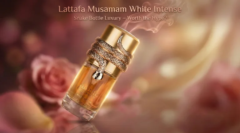 Lattafa Musamam White Intense Review: 7 Brutal Reasons the Snake Bottle Is Worth the Hype (Or Not) 52 Luxurious close-up of Lattafa Musamam White Intense white snake bottle on soft rose-amber background
