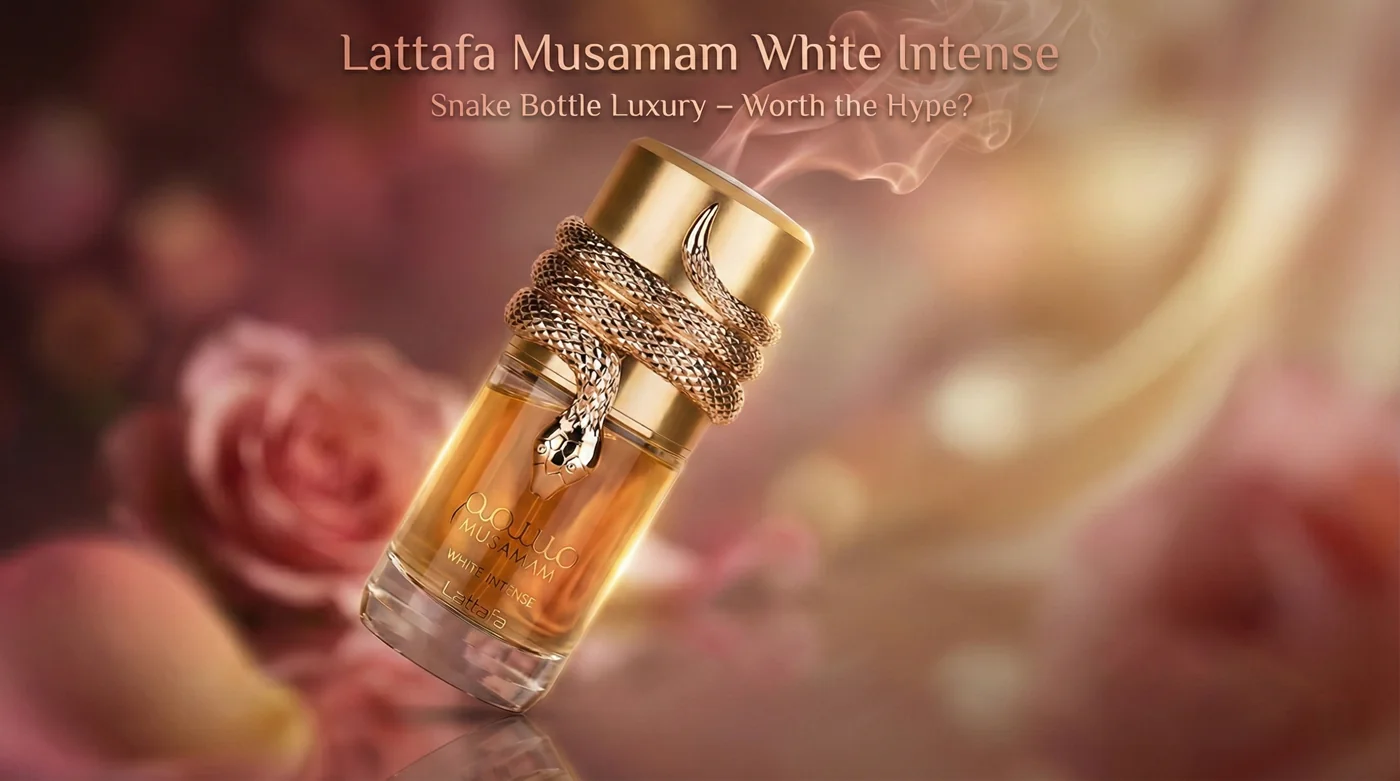 Luxurious close-up of Lattafa Musamam White Intense white snake bottle on soft rose-amber background