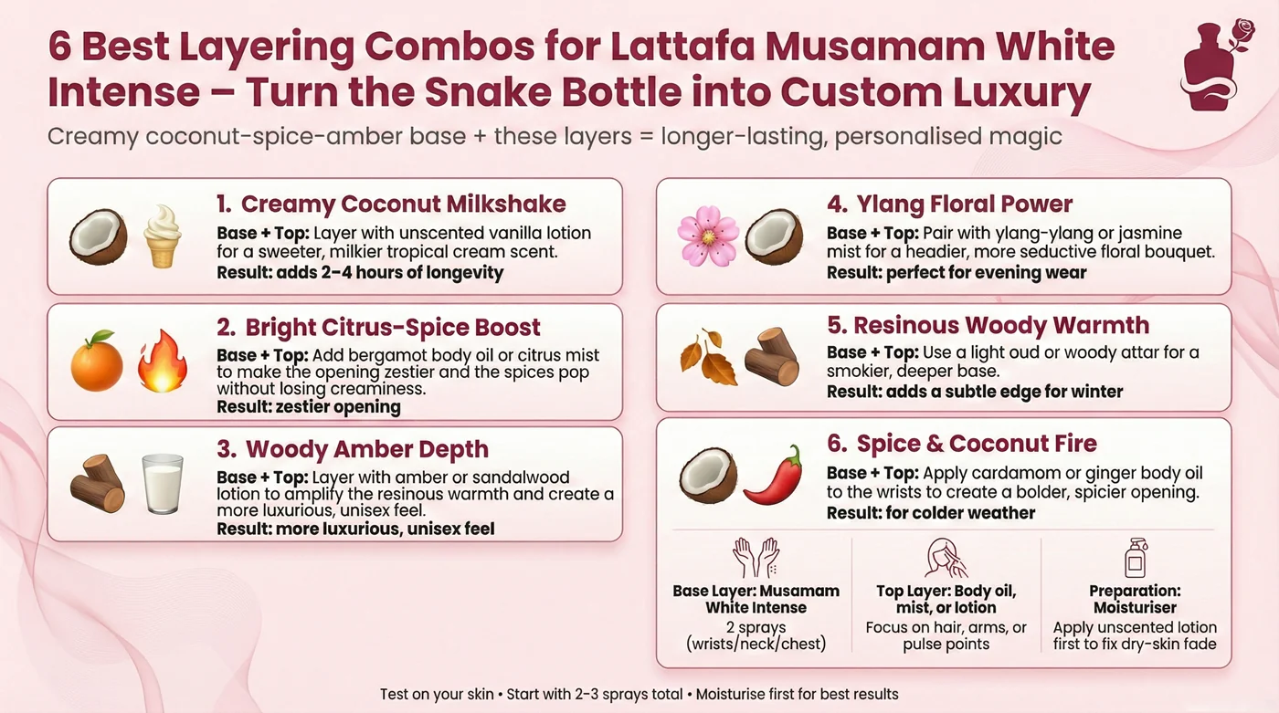 Infographic: 6 Best Layering Combos for Lattafa Musamam White Intense