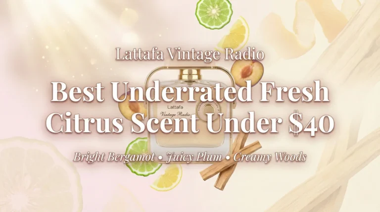 Lattafa Vintage Radio Review: Best Underrated Fresh Citrus Scent Under $40 130 featured image for Lattafa Vintage Radio review – elegant perfume bottle with fresh bergamot, plum, and palo santo elements, soft pink and beige background
