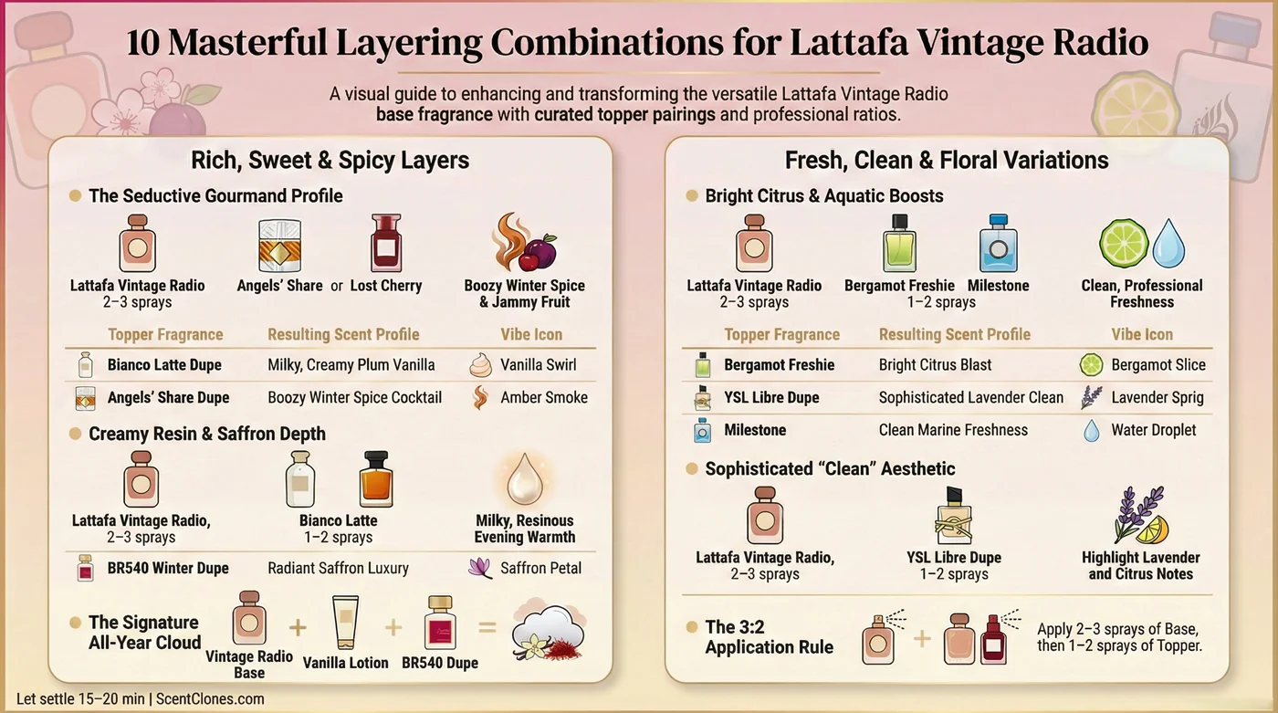 Infographic showing 10 best layering combinations for Lattafa Vintage Radio perfume with base notes, topper suggestions, and scent results