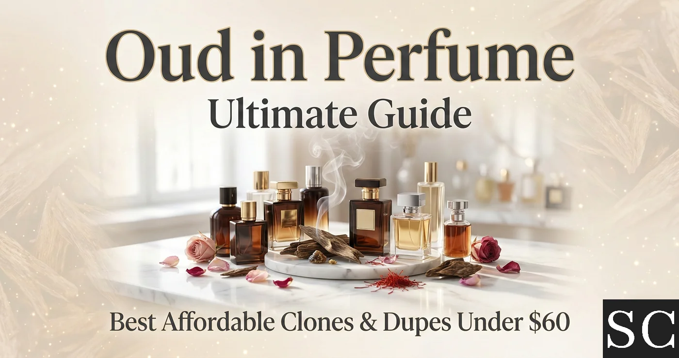 Oud in Perfume Ultimate Guide Featured Image – Light-themed luxury perfume bottles with agarwood chips, subtle smoke wisps, and soft pastel background
