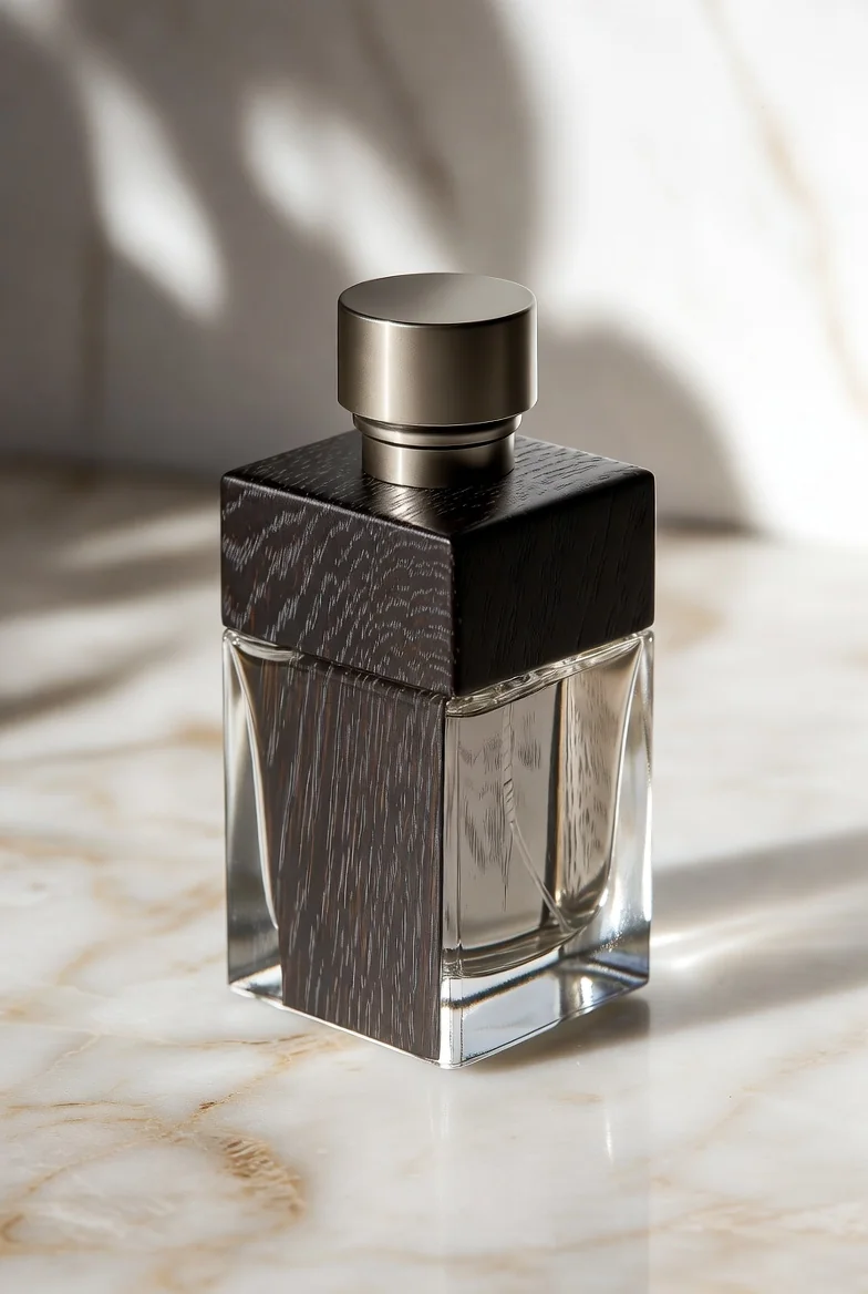 Minimalist perfume bottle for clean woody oud with polished dark wood grain and elegant design
