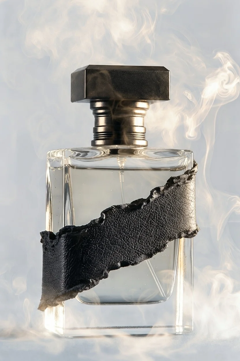 Bold masculine perfume bottle for leathery animalic oud with distressed leather and dark smoke