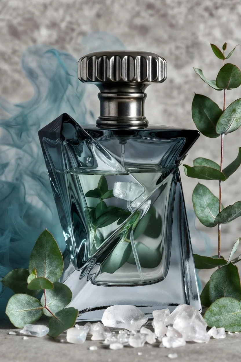 Avant-garde perfume bottle for medicinal camphorous oud with cool gray-blue glass and eucalyptus