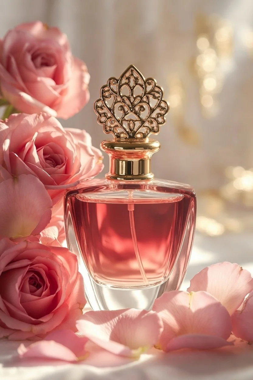 Romantic perfume bottle for classic rose oud with deep red liquid and cascading rose petals