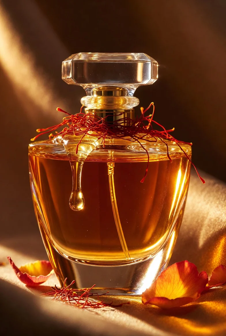 Gourmand perfume bottle for sweet fruity oud with honey, rose petals, and saffron accents