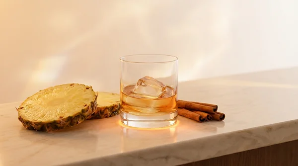 Artistic representation of boozy pineapple cocktail in perfume – juicy fruit with cognac swirl and warm spices