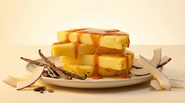 Artistic representation of gourmand pineapple in perfume – ripe fruit drizzled with caramel and vanilla cream