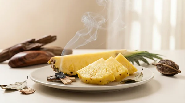 Artistic representation of smoky pineapple in perfume – juicy fruit with subtle birch smoke and woody depth