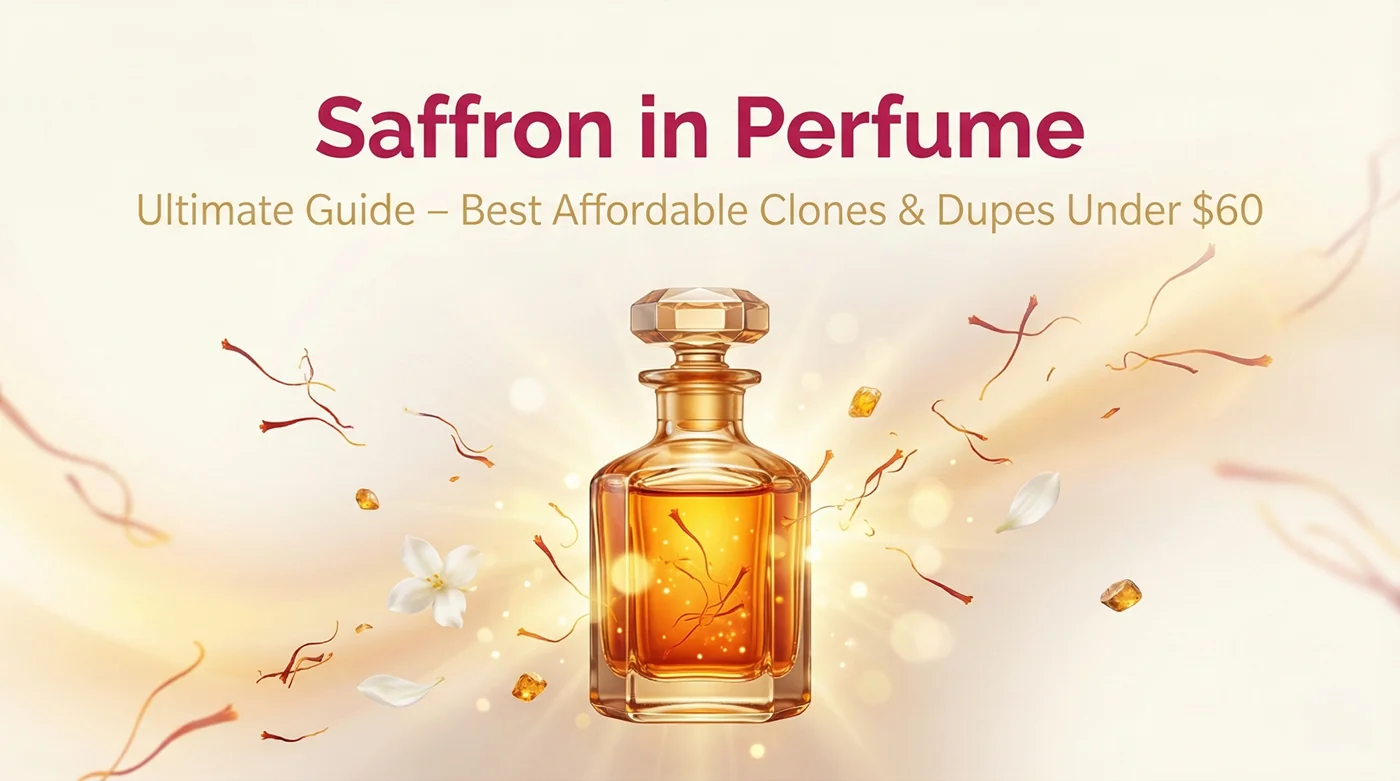 Saffron in perfume ultimate guide – best affordable clones and dupes under $60 with glowing amber bottle and saffron threads