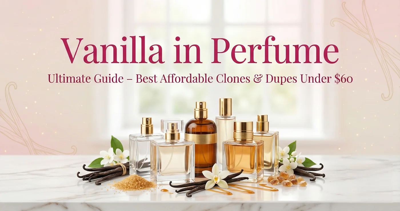 Vanilla in Perfume Ultimate Guide Featured Image – Light-themed luxury perfume bottles with vanilla beans, brown sugar, and soft pastel background