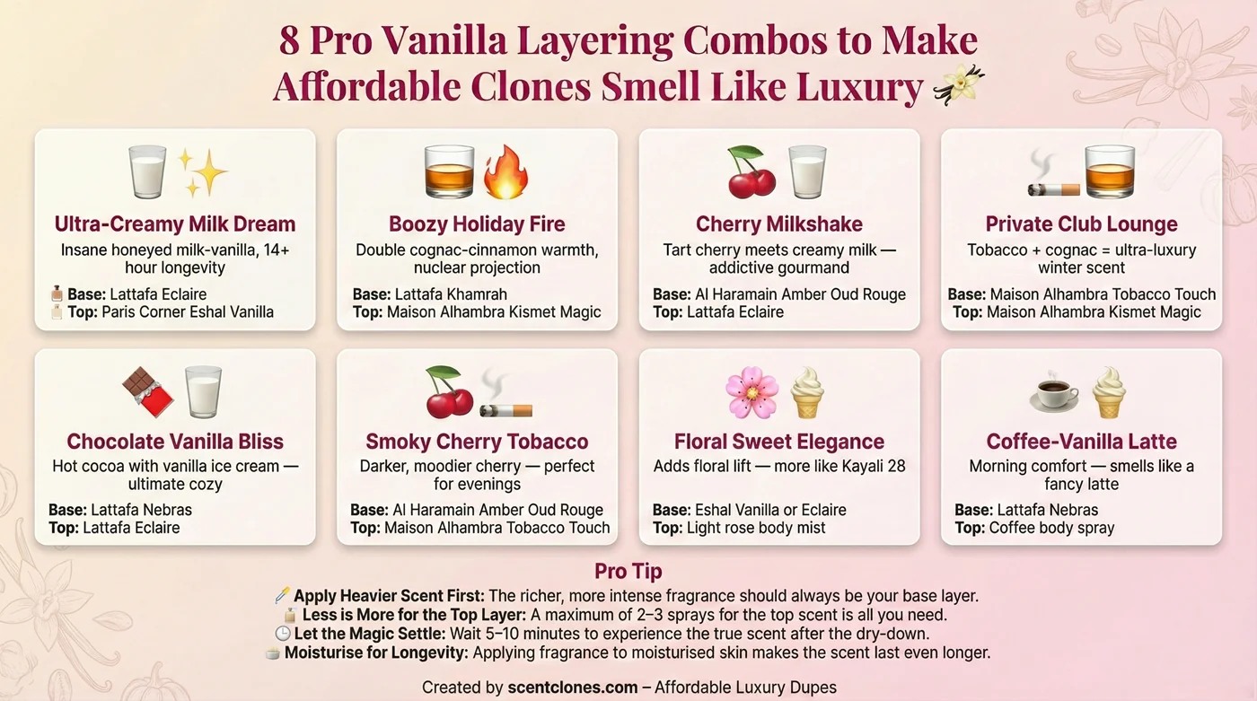 8 Vanilla Perfume Layering Combos Infographic – Affordable Clones for Luxury Scents like Kayali, Bianco Latte, and Angels’ Share