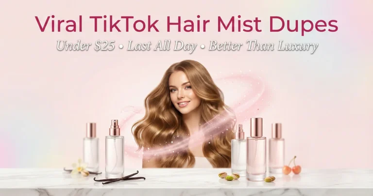 Viral TikTok Hair Mist Dupes Under $25 That Last All Day (Better Than Luxury!) 139 Viral TikTok hair mist dupes under $25 – woman with flowing hair surrounded by affordable luxury hair mist bottles in soft pink light theme
