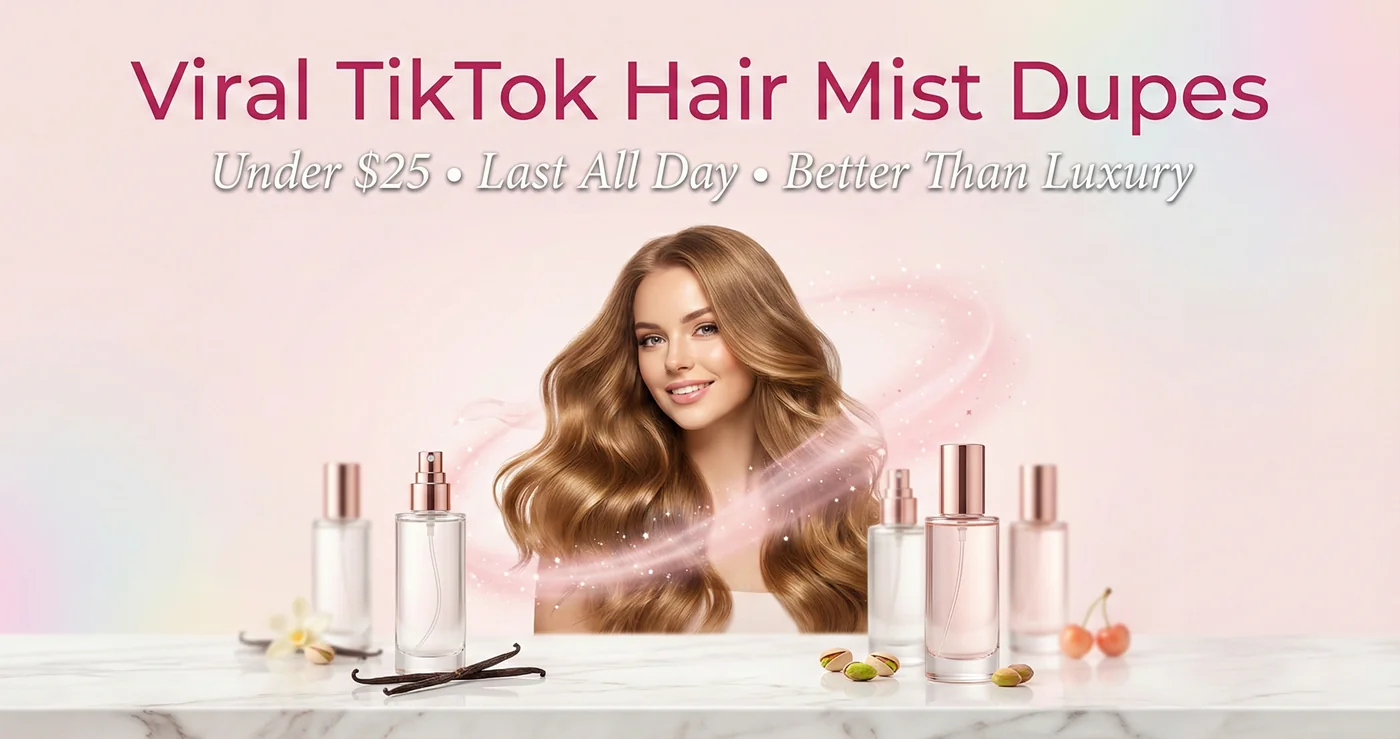 Viral TikTok hair mist dupes under $25 – woman with flowing hair surrounded by affordable luxury hair mist bottles in soft pink light theme