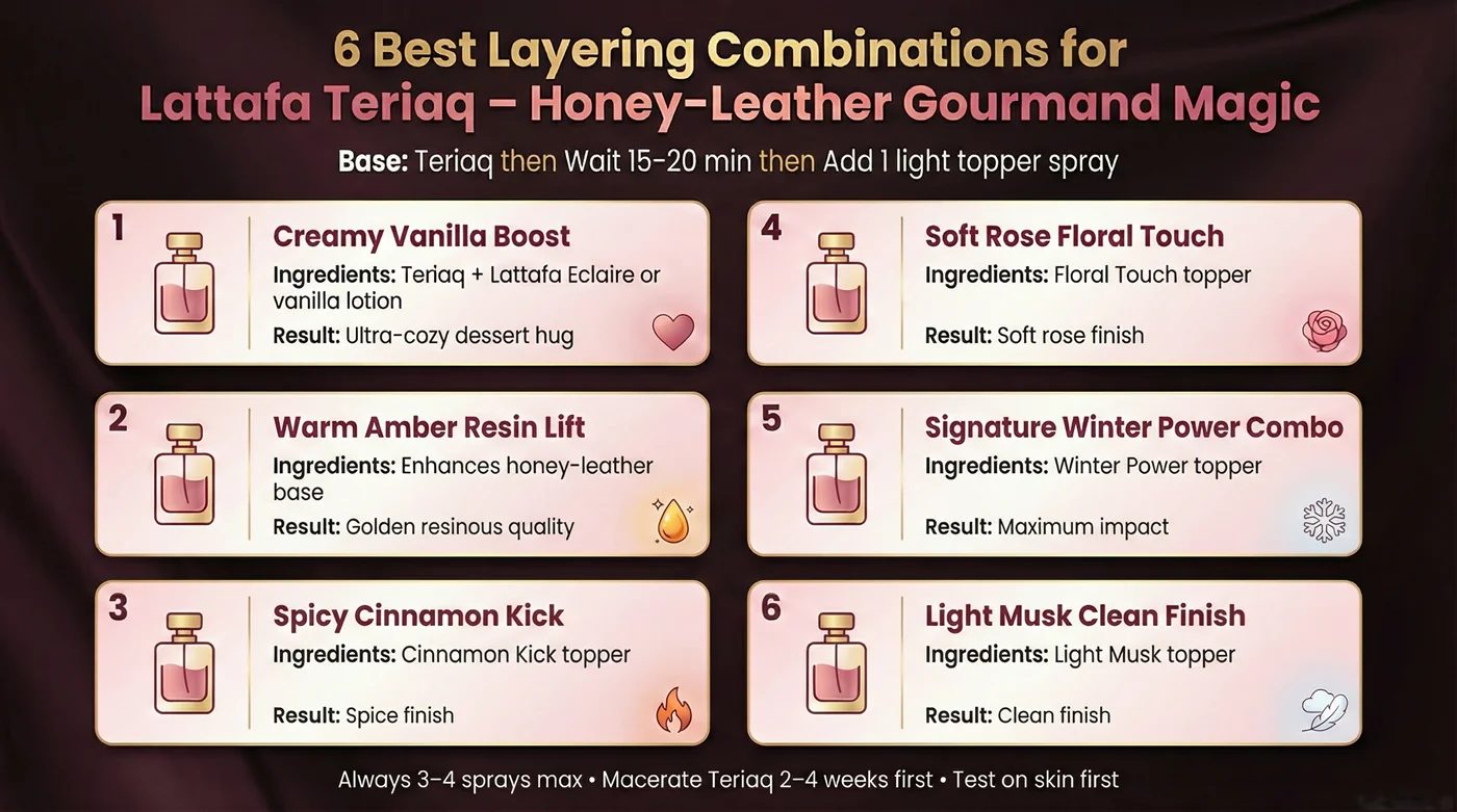 Infographic: 6 Best Layering Combinations for Lattafa Teriaq – Honey-Leather Gourmand