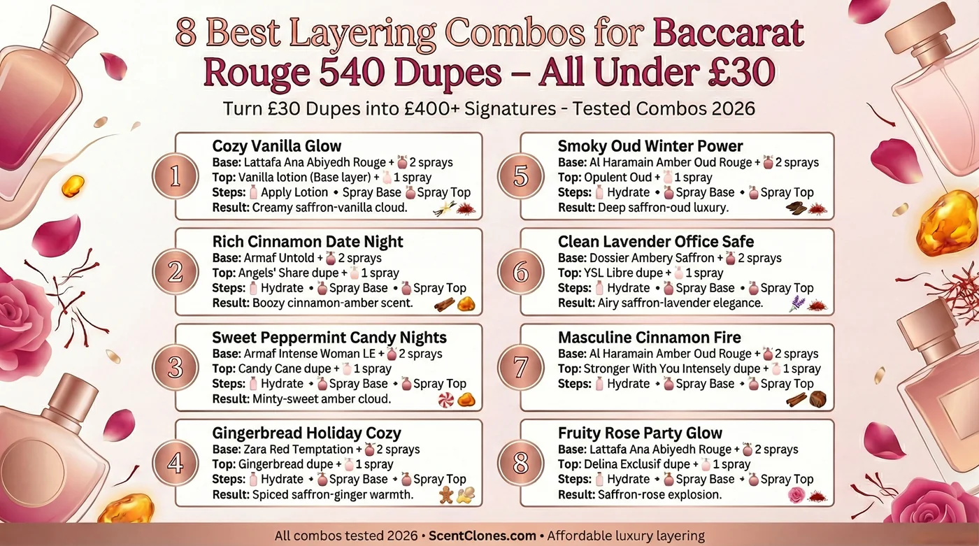 Infographic showing 8 best layering combos for Baccarat Rouge 540 dupes under $40 in 2026, including vanilla glow, cinnamon date night, smoky oud, clean lavender, peppermint candy, gingerbread cozy, masculine cinnamon fire, and fruity rose party – created by ScentClones.com