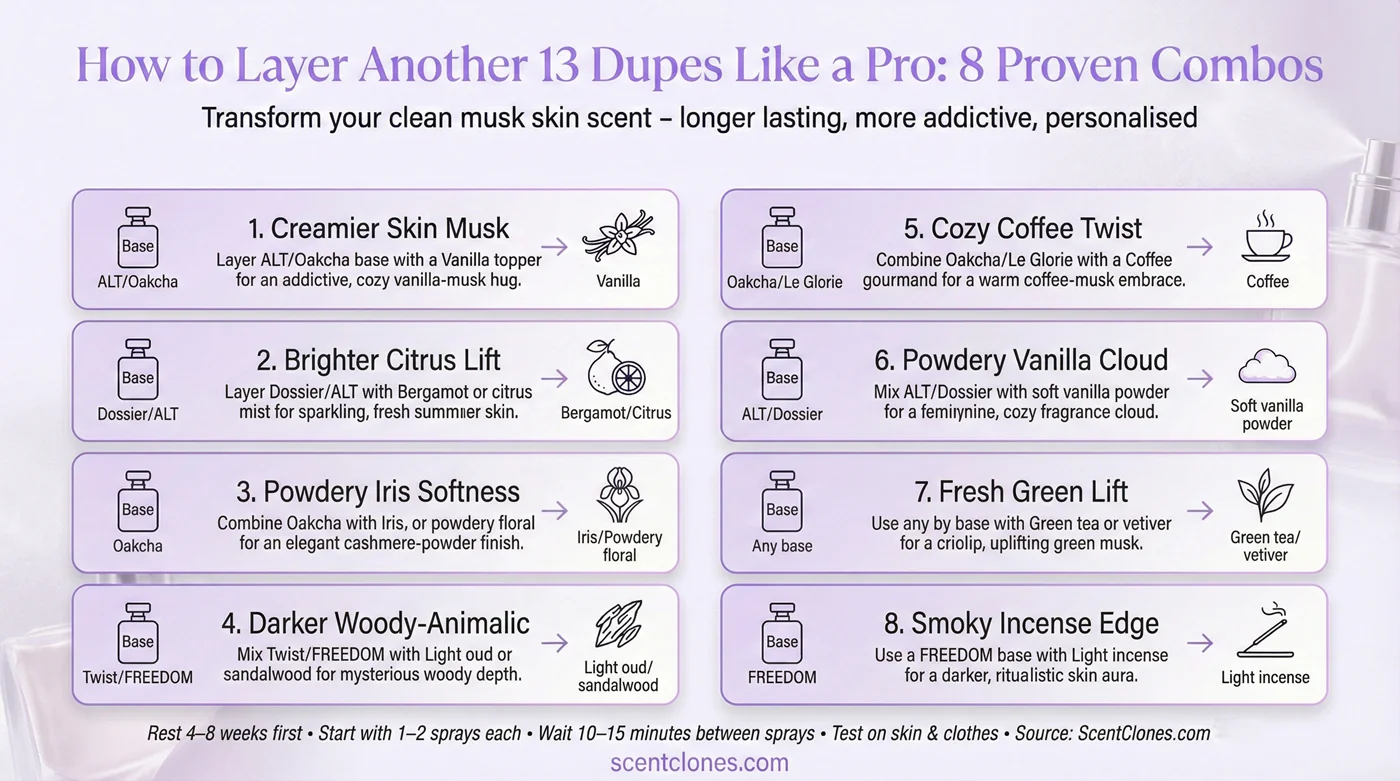 Infographic: How to layer Le Labo Another 13 dupes – 8 proven combos for longer lasting, creamier, brighter or darker musky skin scents in 2026