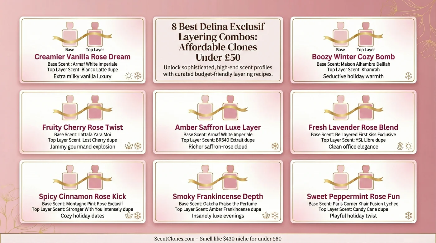 Infographic showing 8 best layering combinations for Delina Exclusif dupes and clones under $60, including base and top fragrances, benefits, and recommended seasons, in elegant rose-pink design from ScentClones.com 2026 guide.