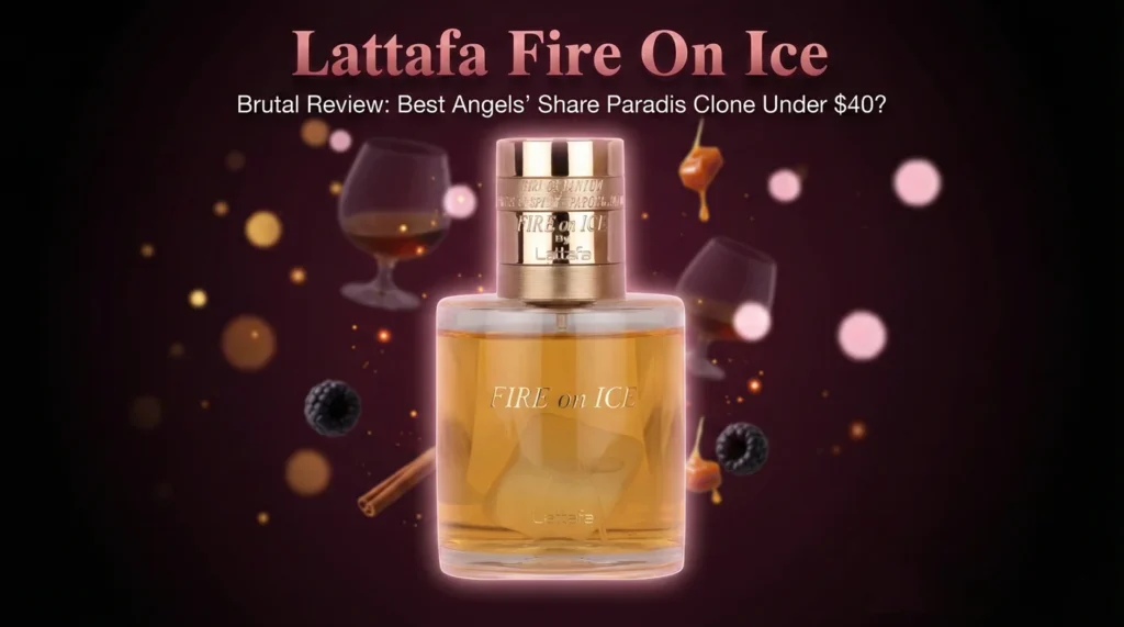Lattafa Fire On Ice Review – Brutal Truth: Is This the BEST Angels’ Share Paradis Clone Under $40? 1 Featured image of Lattafa Fire On Ice perfume bottle with boozy raspberry and cognac aesthetic for brutal review vs Kilian Paradis clone