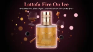 Featured image of Lattafa Fire On Ice perfume bottle with boozy raspberry and cognac aesthetic for brutal review vs Kilian Paradis clone