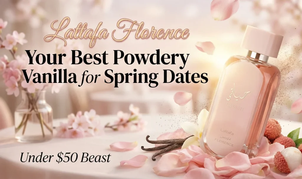 7 Reasons Lattafa Florence Is Your Best Powdery Vanilla Beast for Spring Dates (Under $50!) 1 Featured image of Lattafa Hayaati Florence perfume bottle with powdery vanilla and spring floral elements – best under $50 date scent