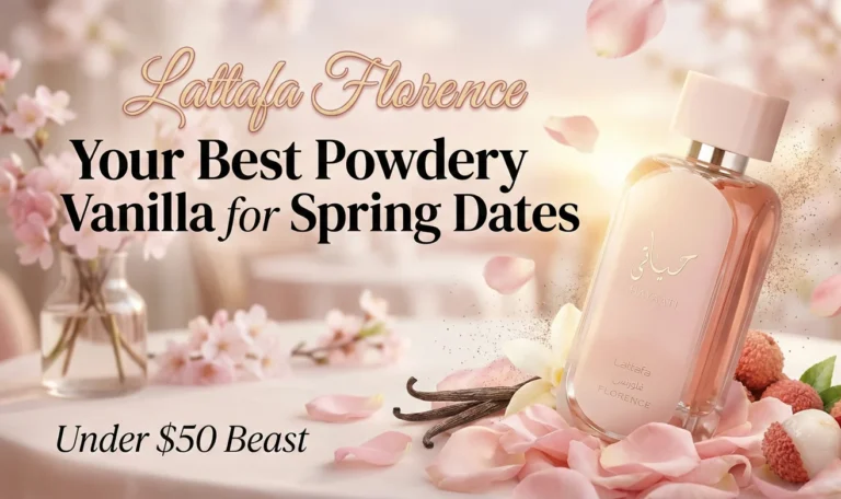 7 Reasons Lattafa Florence Is Your Best Powdery Vanilla Beast for Spring Dates (Under $50!) 193 Featured image of Lattafa Hayaati Florence perfume bottle with powdery vanilla and spring floral elements – best under $50 date scent