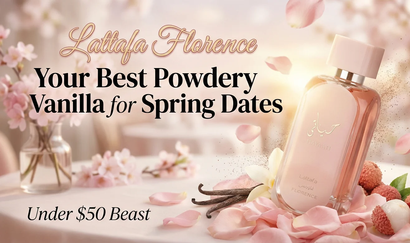 Featured image of Lattafa Hayaati Florence perfume bottle with powdery vanilla and spring floral elements – best under $50 date scent