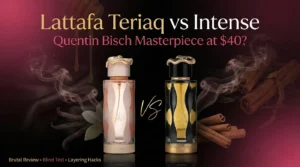 Lattafa Teriaq vs Teriaq Intense perfume bottles side by side – Quentin Bisch $40 masterpiece review