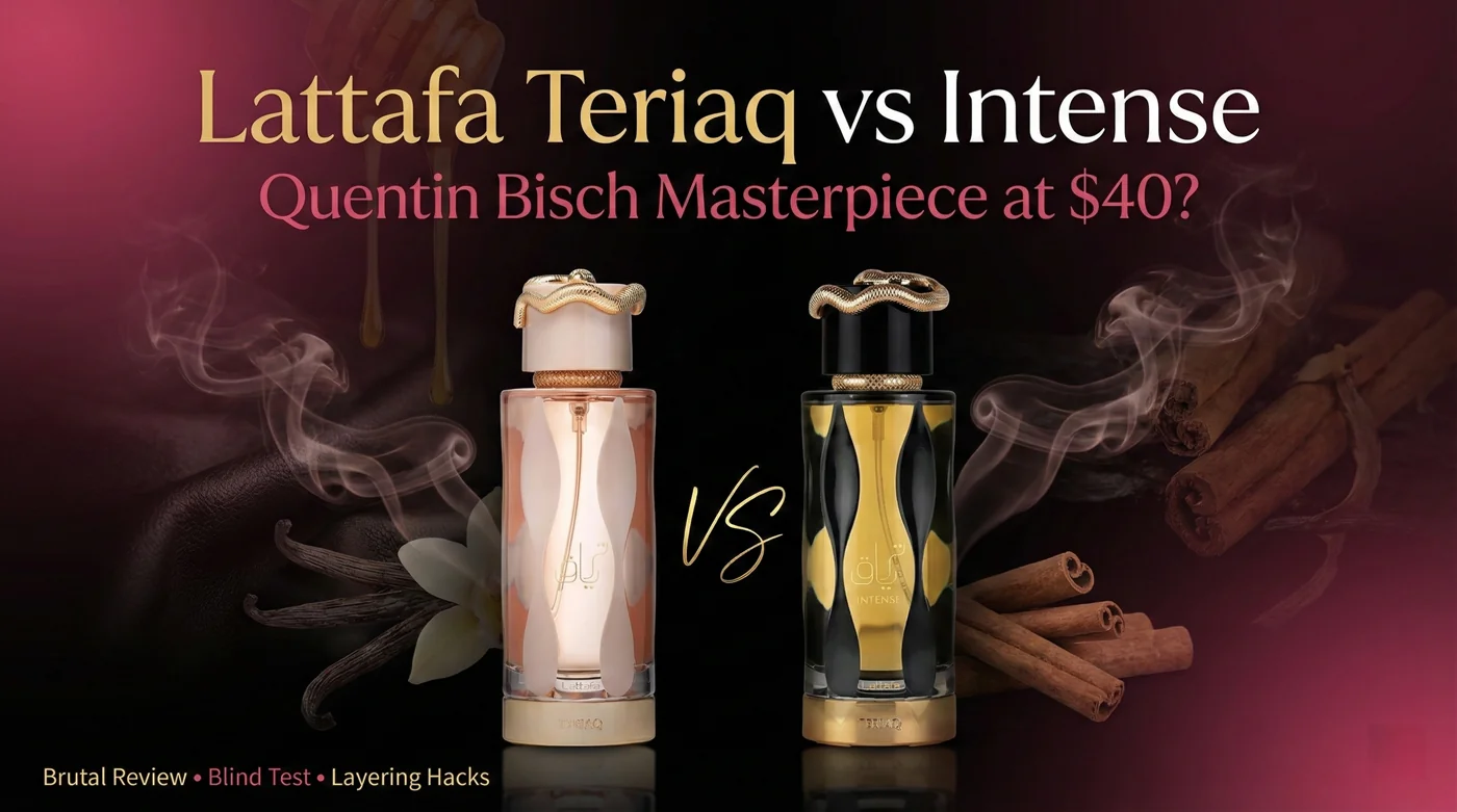 Lattafa Teriaq vs Teriaq Intense perfume bottles side by side – Quentin Bisch $40 masterpiece review