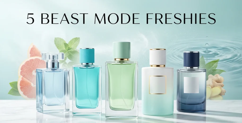5 beast mode freshies that smell like expensive niche perfumes in elegant blue and turquoise bottles on marble surface