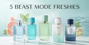 5 beast mode freshies that smell like expensive niche perfumes in elegant blue and turquoise bottles on marble surface