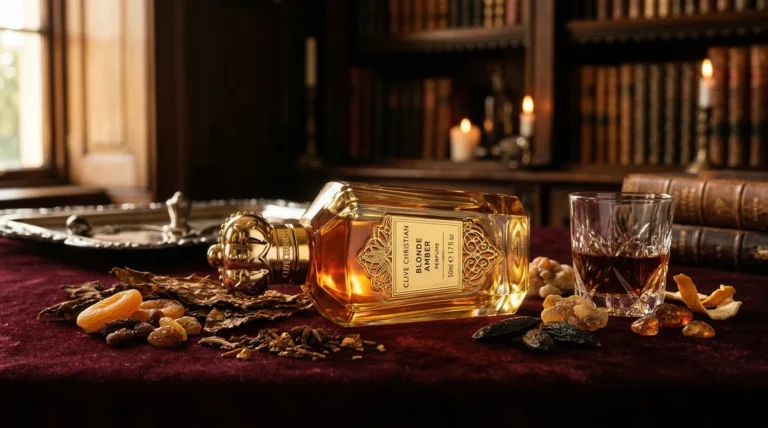 Smells Like Clive Christian Blonde Amber: 6 Best Billionaire Dupes Ranked! 1 Luxurious Clive Christian Blonde Amber perfume bottle with warm amber glow, dried fruits, tobacco leaves and rum glass on dark velvet background