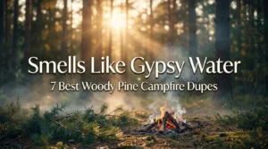 Golden hour forest campfire scene evoking Gypsy Water Byredo fragrance – pine trees, warm fire glow, misty woods, representing woody pine campfire perfume dupes