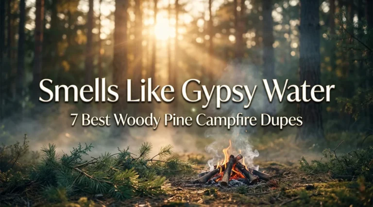 Smells like Gypsy Water Byredo: 7 Best Woody Pine Campfire Dupes 73 Golden hour forest campfire scene evoking Gypsy Water Byredo fragrance – pine trees, warm fire glow, misty woods, representing woody pine campfire perfume dupes