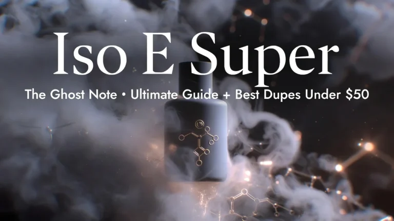 The Ghost Note: Iso E Super Ultimate Guide (Plus Best Skin Scent Dupes Under $50) 92 Iso E Super molecule perfume bottle in ethereal fog, ultimate guide to the ghost note skin scent and best affordable dupes under $50