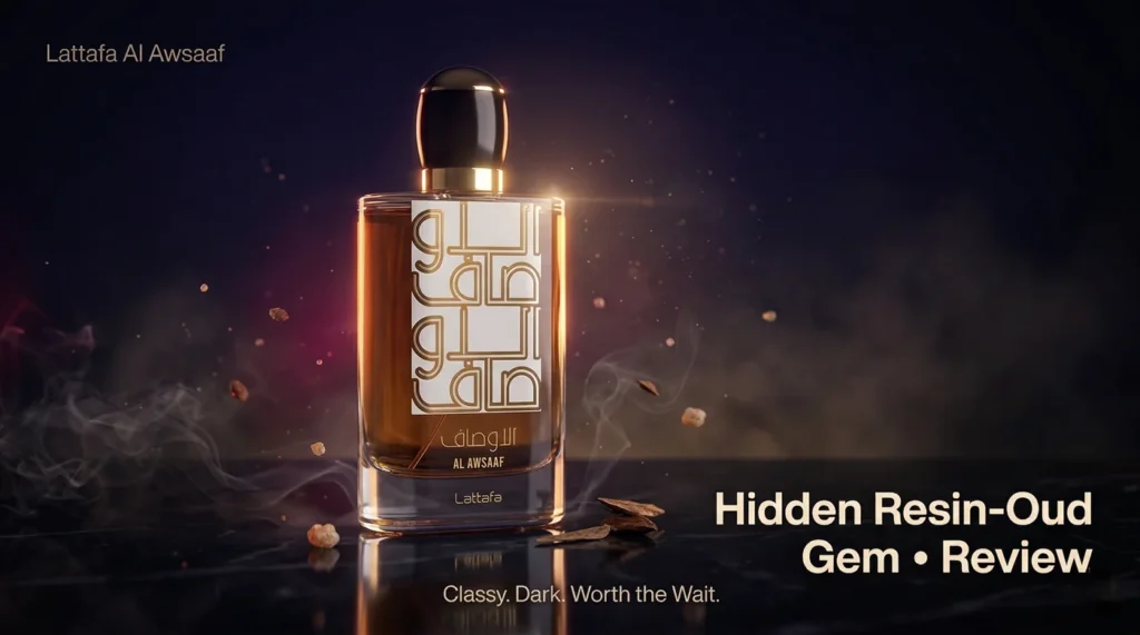 Lattafa Al Awsaaf Clone: 7 Shocking Comparisons to Luxury Fragrances Revealed! 1 Lattafa Al Awsaaf 100ml bottle on dark reflective surface – luxurious resin-oud fragrance review