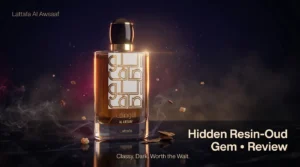 Lattafa Al Awsaaf 100ml bottle on dark reflective surface – luxurious resin-oud fragrance review