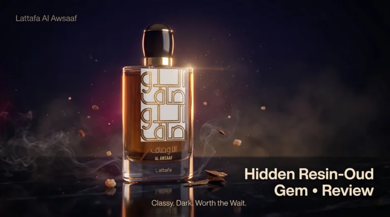 Lattafa Al Awsaaf Clone: 7 Shocking Comparisons to Luxury Fragrances Revealed! 14 Lattafa Al Awsaaf 100ml bottle on dark reflective surface – luxurious resin-oud fragrance review