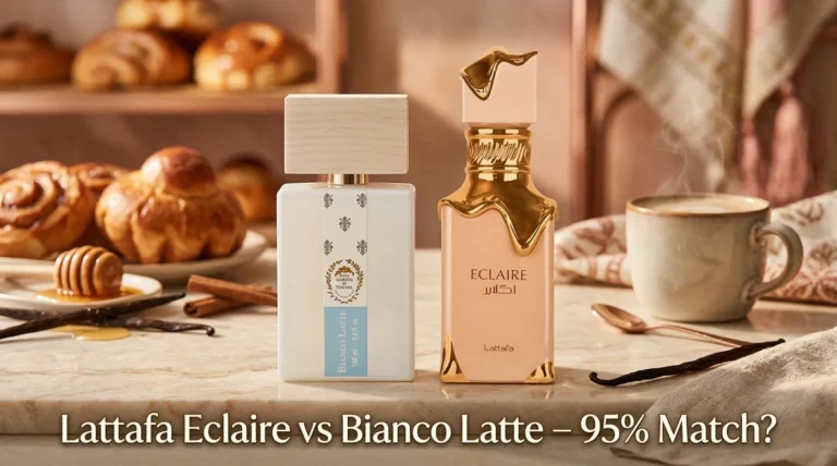 Lattafa Eclaire vs Bianco Latte: 95% Match? Brutal Review 18 Lattafa Eclaire vs Giardini Di Toscana Bianco Latte perfume bottles comparison – creamy caramel vanilla gourmand fragrance review