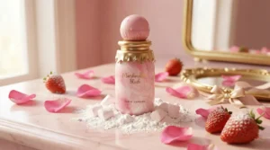Paris Corner Marshmallow Blush perfume bottle on a pink vanity with strawberries and soft lighting – honest review and Kayali Yum Boujee Marshmallow dupe