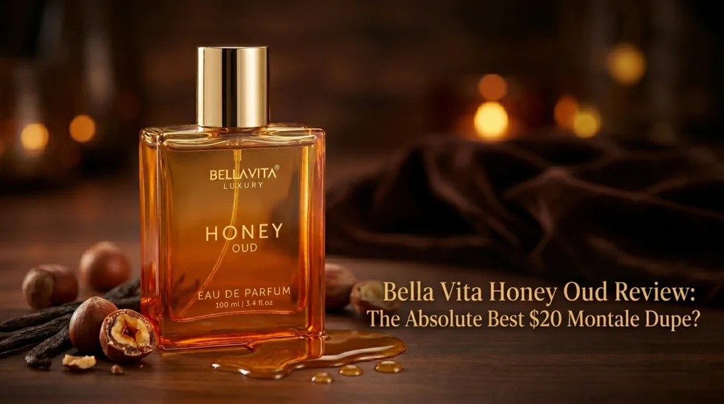 Bella Vita Honey Oud perfume bottle with golden honey and praline elements for Montale Honey Aoud dupe review