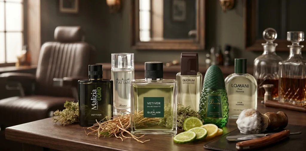 Best Guerlain Vetiver Clone: 5 Classic Barbershop Dupes Under $25 1 Best Guerlain Vetiver clones and affordable barbershop vetiver dupes under $25 displayed with classic grooming items