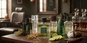 Best Guerlain Vetiver clones and affordable barbershop vetiver dupes under $25 displayed with classic grooming items