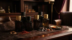 Luxury dark leather perfume bottles with saffron and tonka beans on rich suede background, representing the best YSL 6 Place Saint Sulpice dupes under $40