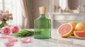Creed Wild Vetiver dupes and alternatives - fresh rose, grapefruit and vetiver perfume bottles with rose petals and citrus on marble