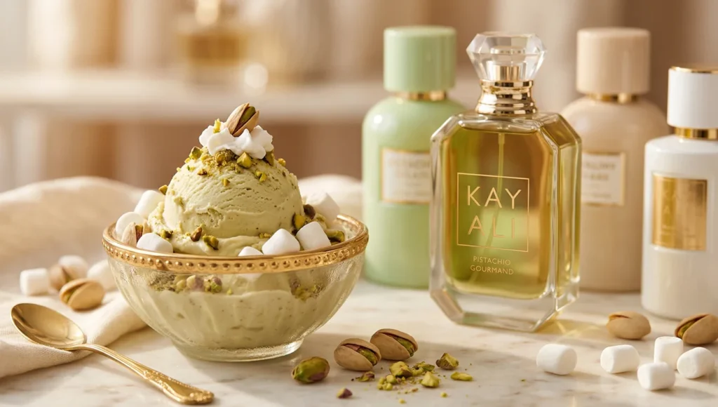Best pistachio perfume dupes under $50 - creamy pistachio gelato with luxury perfume bottles